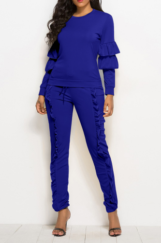 Blue Fashion Solid Flounce O Neck Long Sleeve Two Pieces