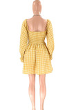 Yellow Sexy Plaid Print Hollowed Out Patchwork V Neck A Line Dresses