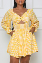 Vestidos xadrez amarelo sexy estampado vazado patchwork decote em v uma linha