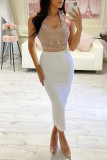 Weiße Mode Sexy Patchwork rückenfreies ärmelloses Kleid mit Neckholder
