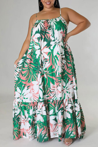 Green Sexy Print Patchwork Spaghetti Strap Sling Dress Plus Size Dresses