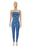 Cowboyblå Fashion Sexy Print Patchwork Backless Strapless Skinny Jumpsuits