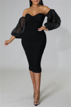 Black Fashion Sexy Solid Patchwork Backless Fold Off the Shoulder Pencil Skirt Dresses