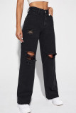Zwarte mode casual effen gescheurde rechte jeans met hoge taille en hoge taille