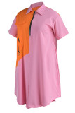 Розовые повседневные однотонные пэчворк с воротником-молнией Прямые платья больших размеров