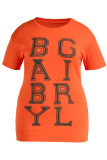 Vestido de camiseta con cuello en O de patchwork con estampado casual naranja Vestidos de talla grande