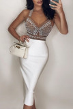White Fashion Sexy Patchwork Backless Beading Halter Sleeveless Dress