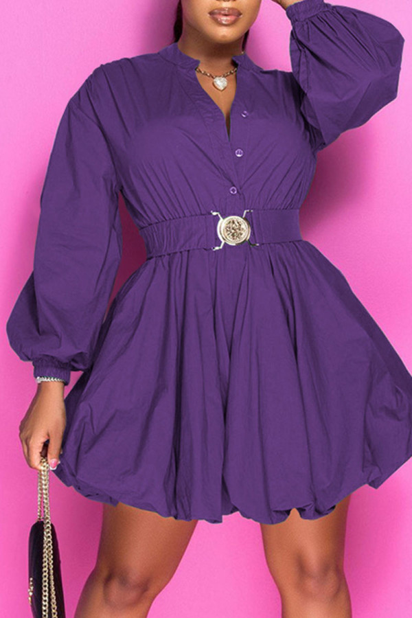 Púrpura moda casual sólido patchwork hebilla doblar cuello mandarín una línea de vestidos