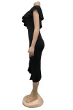 Черные модные повседневные однотонные лоскутные платья с открытой спиной и косым воротником, одноступенчатые юбки