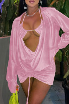 Розовый модный сексуальный однотонный комплект из трех предметов с длинным рукавом и V-образным вырезом