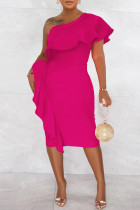 ローズレッド ファッション カジュアル ソリッド パッチワーク バックレス 斜め襟 ワンステップ スカート ドレス