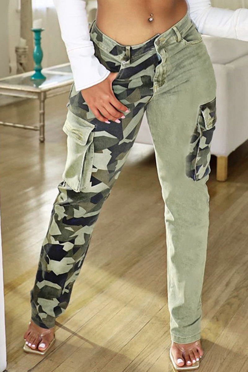 

Camouflage Fashion Camouflage Print Patchwork Regular Denim Jeans
