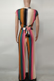 Atadura multicolorida fashion casual estampa listrada patchwork decote oco manga curta duas peças