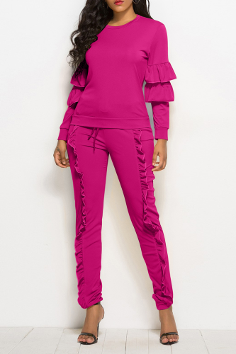 Rose Red Fashion Solid Flounce O Neck Long Sleeve Two Pieces
