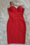 Rotes reizvolles formales Patchwork ausgehöhltes schräges Kragen-Abend-Kleid-Kleider