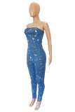 Ковбойский синий модный сексуальный принт в стиле пэчворк без бретелек с открытой спиной узкие комбинезоны