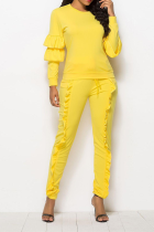 Yellow Fashion Solid Flounce O Neck Long Sleeve Two Pieces
