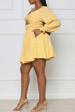 Yellow Sexy Plaid Print Hollowed Out Patchwork V Neck A Line Dresses