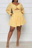 Gele sexy geruite print uitgeholde patchwork V-hals A-lijn jurken