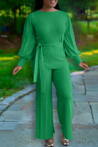 グリーンファッションカジュアルソリッドパッチワークOネック長袖ツーピース