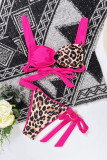 Rose Red Fashion Sexy Print Leopard Bandage Patchwork Backless Swimwears (Met Paddings)