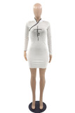 Pink Fashion Casual Solid Patchwork Mandarin Collar Long Sleeve Dresses