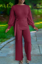 Бордовый модный повседневный однотонный пэчворк с круглым вырезом и длинным рукавом из двух частей