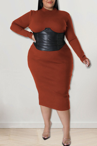 Burgundy Fashion Sexy Solid Patchwork O Neck One Step Skirt Plus Size Dresses