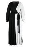黒と白のカジュ​​アルな無地の包帯パッチワーク V ネック ストレート プラス サイズのドレス