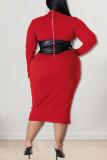 Burgundy Fashion Sexy Solid Patchwork O Neck One Step Skirt Plus Size Dresses