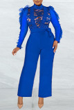 Blauer, sexy, solider, durchsichtiger Patchwork-Overall mit halbem Rollkragen und geradem Schnitt