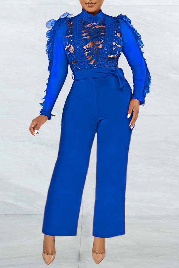 Blauwe sexy effen patchwork doorschijnende halve coltrui rechte jumpsuits