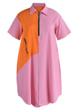 Pink Casual Solid Patchwork Zipper Collar Straight Plus Size Dresses