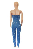 Cowboyblå Fashion Sexy Print Patchwork Backless Strapless Skinny Jumpsuits