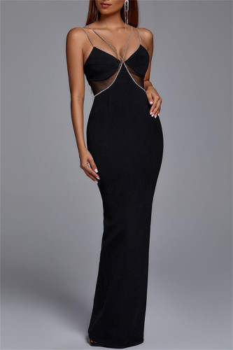 Black Fashion Sexy Formal Patchwork Backless Spaghetti Strap One Step Skirt Dresses