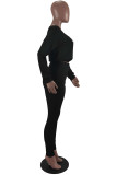 ブラック ファッション カジュアル レター 刺繍 パッチワーク O ネック 長袖 ツーピース