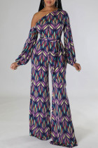 Purple Casual Sweet Print Patchwork Oblique Collar Straight Jumpsuits