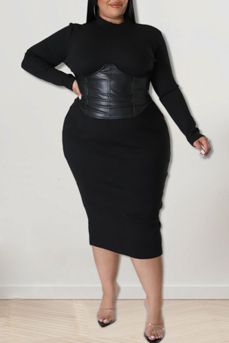 Black Fashion Sexy Solid Patchwork O Neck One Step Skirt Plus Size Dresses