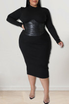 Черная модная сексуальная однотонная лоскутная юбка с круглым вырезом, платья больших размеров