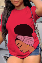 Camisetas con cuello en O de patchwork con estampado vintage de moda rojo