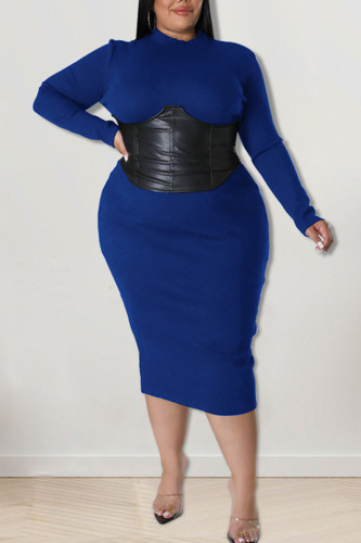 Blue Fashion Sexy Solid Patchwork O Neck One Step Skirt Plus Size Dresses