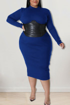 ブルー ファッション セクシー ソリッド パッチワーク O ネック ワンステップ スカート プラス サイズ ドレス
