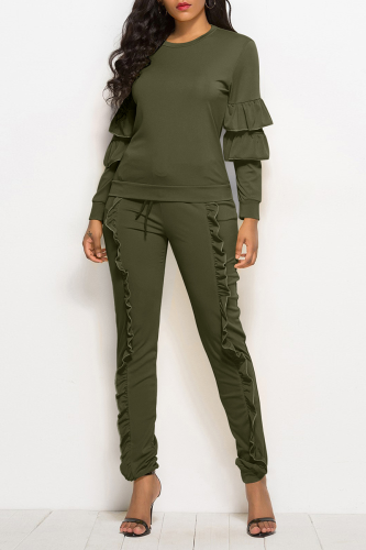Green Fashion Solid Flounce O Neck Long Sleeve Two Pieces