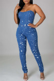 Die Cowboy Blue Fashion Sexy Print Patchwork Backless Strapless Skinny Jumpsuits