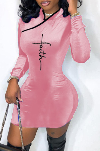 Pink Fashion Casual Solid Patchwork Mandarin Collar Long Sleeve Dresses
