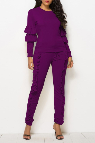 Purple Fashion Solid Flounce O Neck Long Sleeve Two Pieces