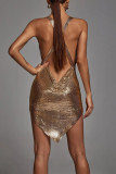 Золотое модное сексуальное однотонное платье без рукавов с открытой спиной и асимметричным U-образным вырезом