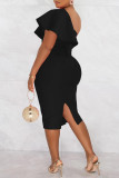 Vestidos de falda de un paso con cuello oblicuo sin espalda de patchwork sólido casual de moda negro