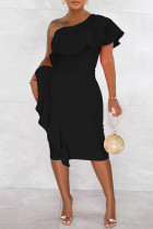 Vestidos de falda de un paso con cuello oblicuo sin espalda de patchwork sólido casual de moda negro