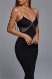 ブラック ファッション セクシー フォーマル パッチワーク バックレス スパゲッティ ストラップ ワンステップ スカート ドレス
